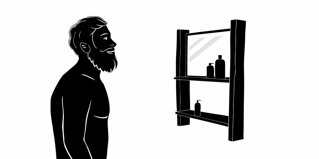 Man looking at his skincare products and considering using beef tallow for his face.