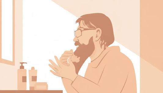 Man applying unscented tallow beard balm to his beard in a bright modern bathroom