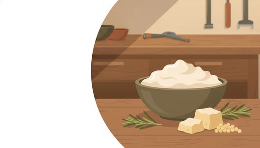 Rendered beef tallow in a bowl beside natural grooming ingredients