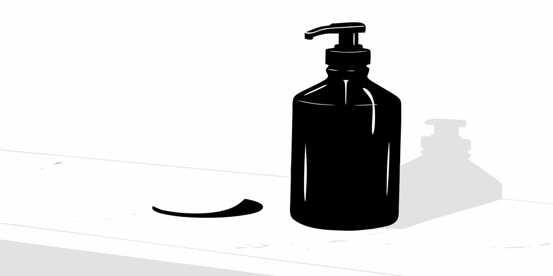 A bottle of sandalwood tallow beard wash on a counter, available to buy for premium beard care.